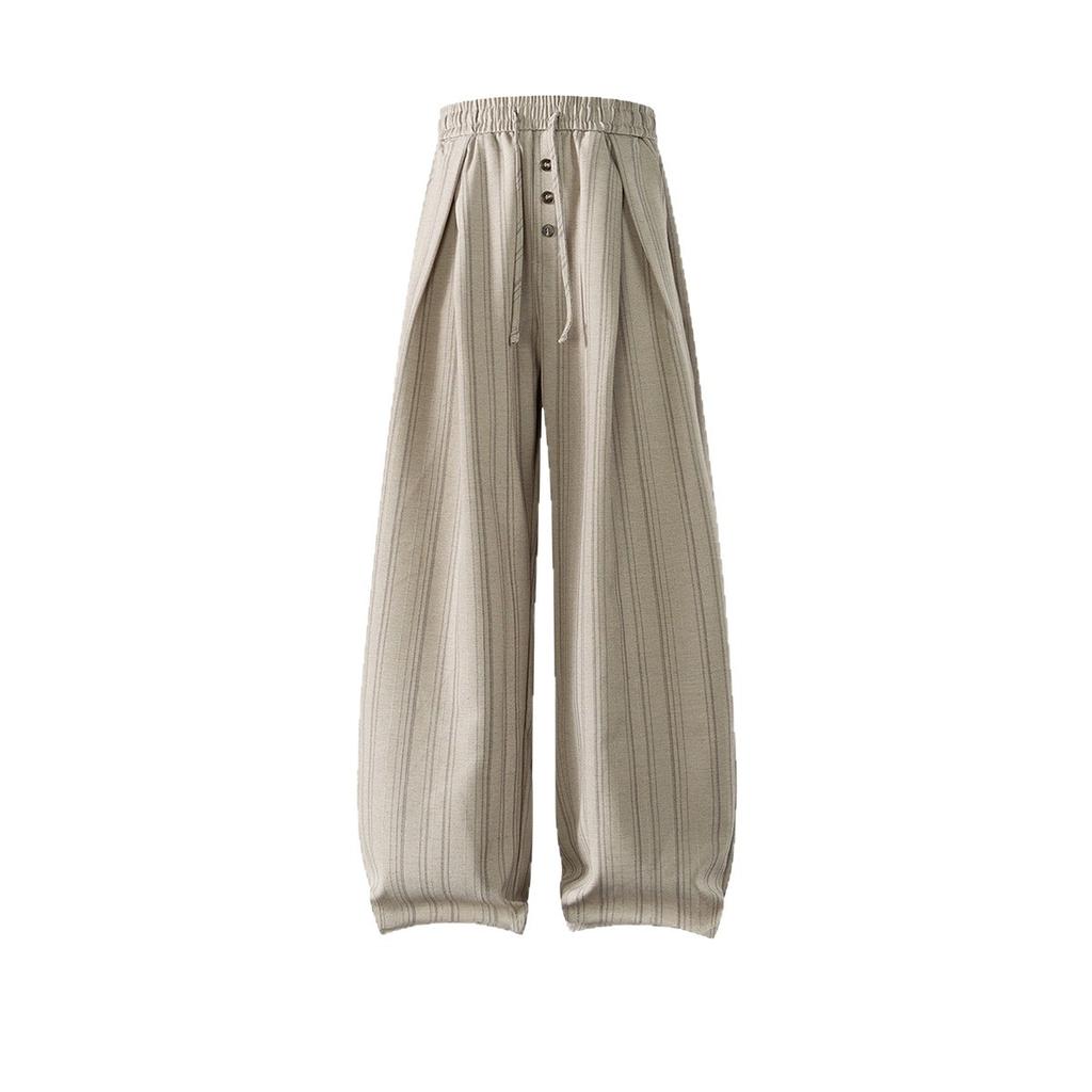 Old money wind vertical pattern scimitar pants men's summer relaxation loose and vertical wide-leg casual pants pleated retro trousers