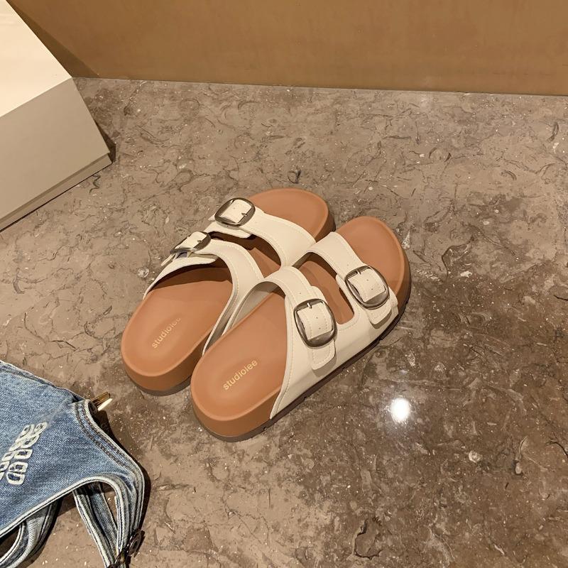 Sheepskin version~ Height increase 3.5cm~ Lazy round head double buckle with beach wear cool slippers