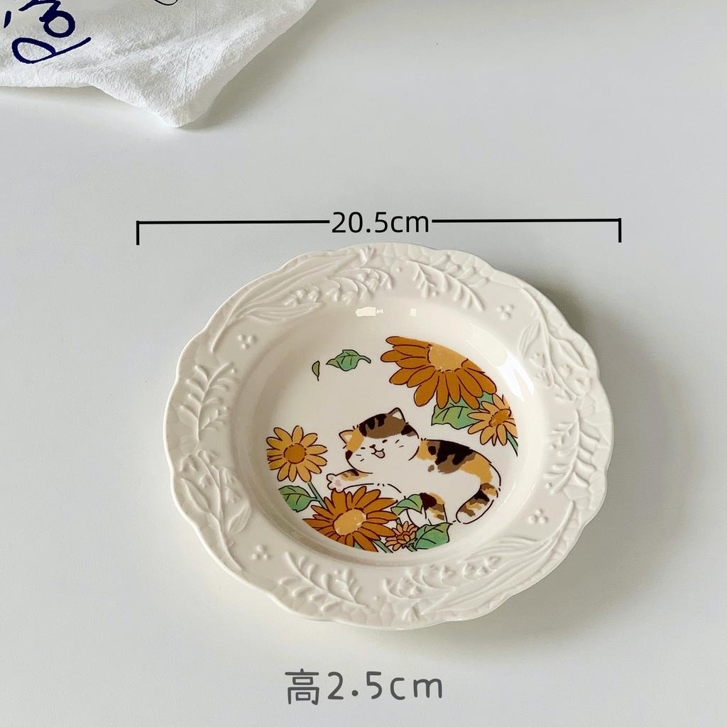 Japanese Cute Cartoon Cat Ceramic Relief Plate Dessert Cake Noodle Plate Household Dish Plate Western