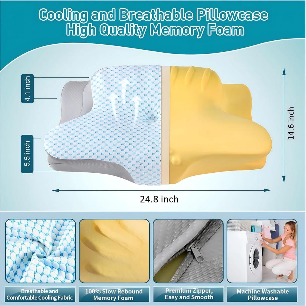 Cervical Pillow for Neck Pain Relief - Ergonomic Pillow for Sleeping Side Sleeper Pillow for Adults, Contour Neck Pillow Cooling Memory Foam Pillows,