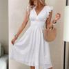 Summer Dress Women Sleeveless V Neck Ruffle Edge Elastic Waist Pure Color A Line Cutout Midi Swing Dress Knee Length Dating Shopping