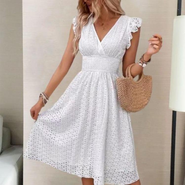 Summer Dress Women Sleeveless V Neck Ruffle Edge Elastic Waist Pure Color A Line Cutout Midi Swing Dress Knee Length Dating Shopping