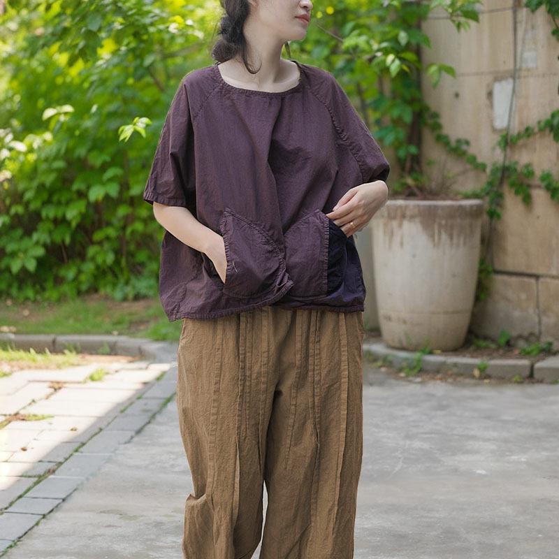 

Johnature Женские фиолетовые хлопковые футболки Винтажный пэчворк Карманы Круглый вырез Рукав до локтя Летние свободные мягкие футболки One Size