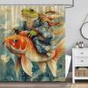 Lustiger Frosch Duschvorhang Japanischer Karpfen Fisch Tier Blume Vintage Wellen Asiatisch Mythisch Rustikal Floral Fantasie Märchen Abstrakt