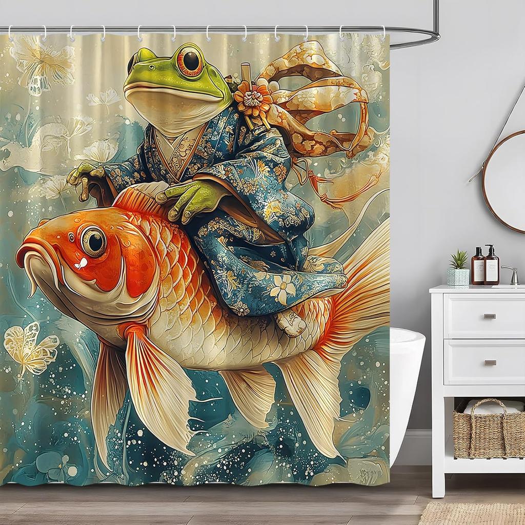 Lustiger Frosch Duschvorhang Japanischer Karpfen Fisch Tier Blume Vintage Wellen Asiatisch Mythisch Rustikal Floral Fantasie Märchen Abstrakt