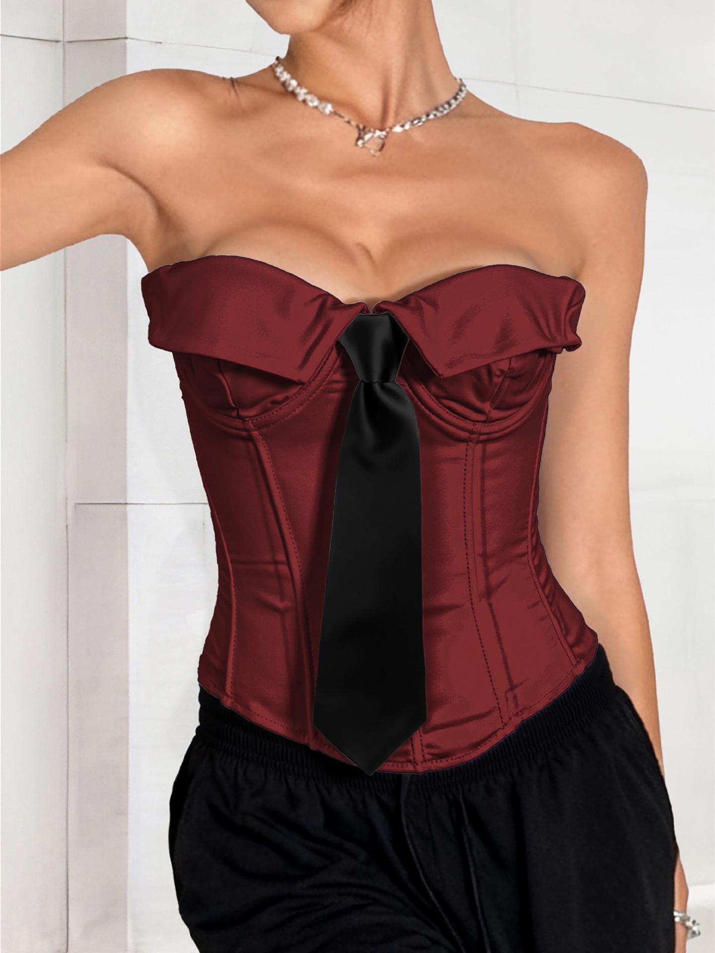 

European & American Style Sexy Strapless Solid Color Tie Vest for Women Small темно-червоний колір