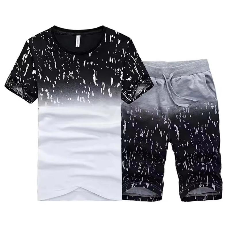 Men's 2-piece Letter Printed Round Neck Short Sleeved T-shirt and Shorts Set, Lightweight and Breathable Short Sleeved Set, Soft