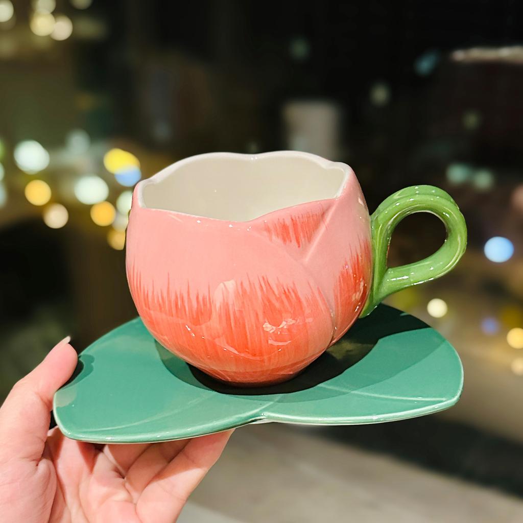 Wind High Value Ceramic Tulip Flower Pot Afternoon Tea Tea Set Cup Saucer Set Internet Celebrity Water Set