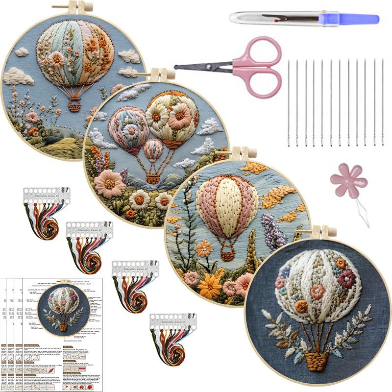 1-teiliges Stickset mit Heißluftballon- und Blumenmuster, inklusive Werkzeug