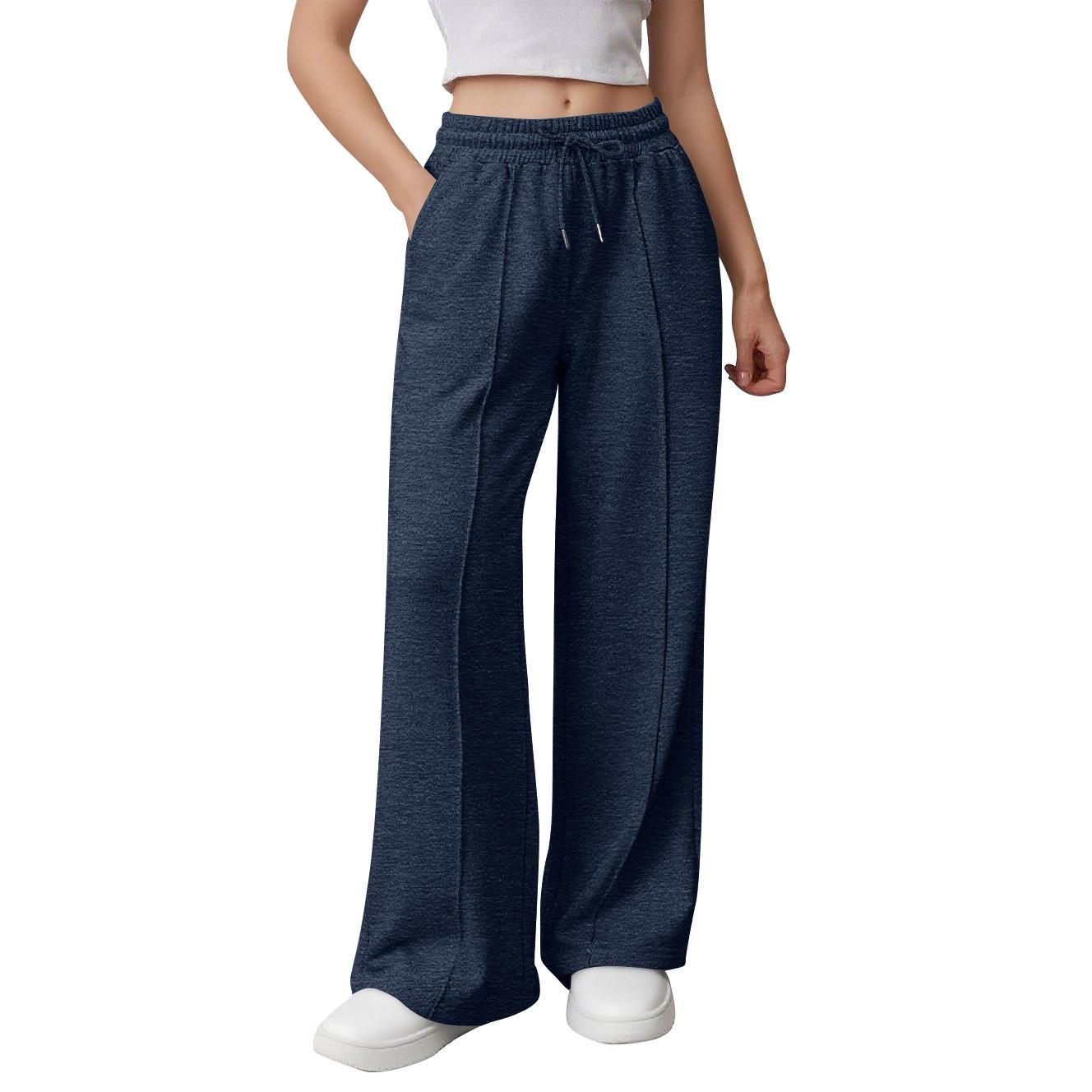 

Женские спортивные брюки широкие штанины с высокой талией свободные на кулиске спортивные джоггеры S тёмно-синий