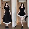 Matsumoto Gloomy Slimming A-line Black Swan Color Block Short Sleeve Dress