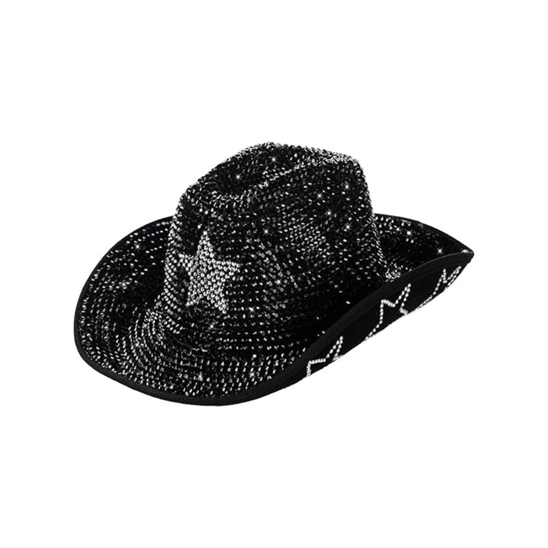 

Shining Rhinestones Star Hat Wide Brims Top Caps All Age Party Wear Costume Props чорний