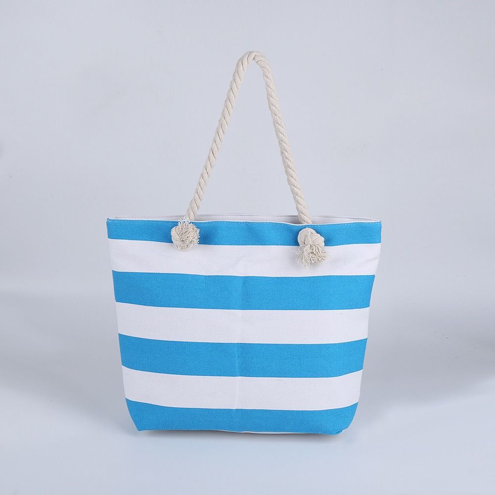 Striped Beach Tote Bag Canvas Foldable Shoulder Bag Zipper Large Capacity Travel Handbag For Travel Work Beach Gym Store