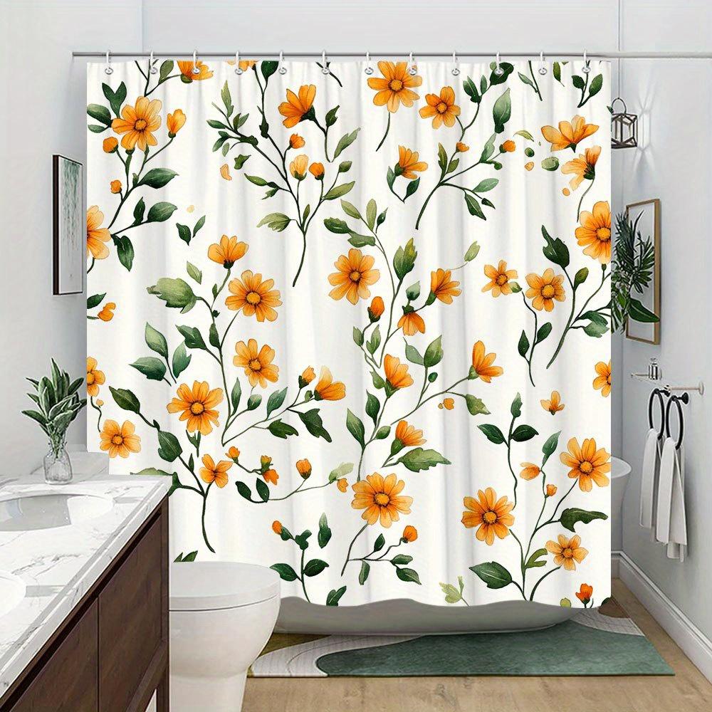 1 Watercolor Daisy Shower Curtain, bright orange floral pattern with yellow center, with hooks, machine washable
