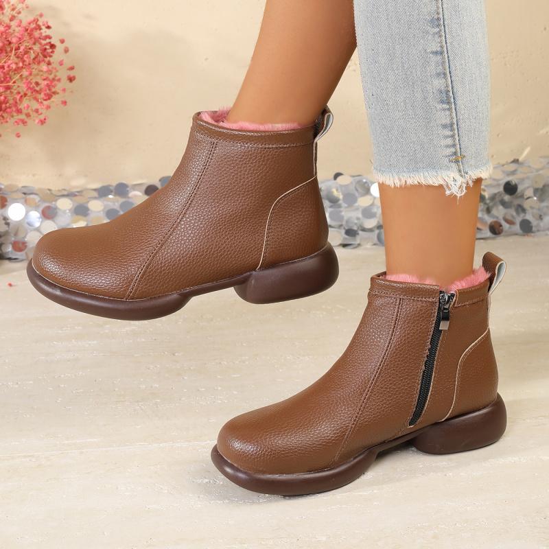 Fleece-Lined Cotton Mom Shoes Warm Short Leather Boots Comfortable Women'S Shoes For Middle-Aged And Elderly Not Slippery