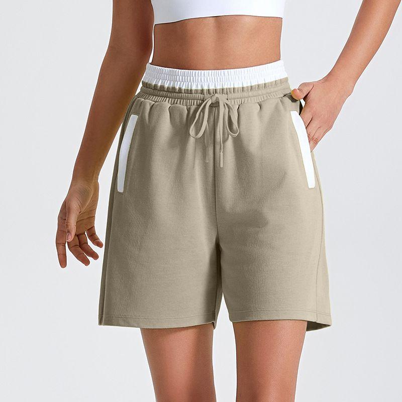 

2024 New Color Matching Casual Waist Belly Contracting Knitting Sports Shorts Running Tennis Fitness Yoga Wear Fifth Pants Sweatpants Khaki L