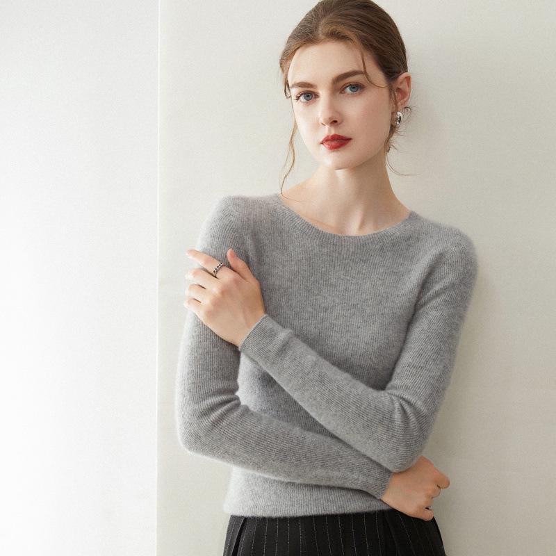 Women's Slim-Fit Round Neck 100% Cashmere Sweater - Stylish Autumn/Winter 2025 Knitwear