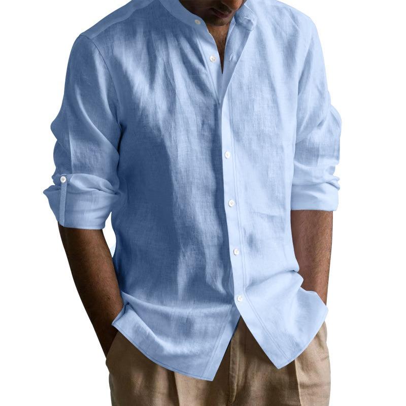 Men Solid Linen Stand Collar Casual Loose Long Sleeve Breathable Shirt