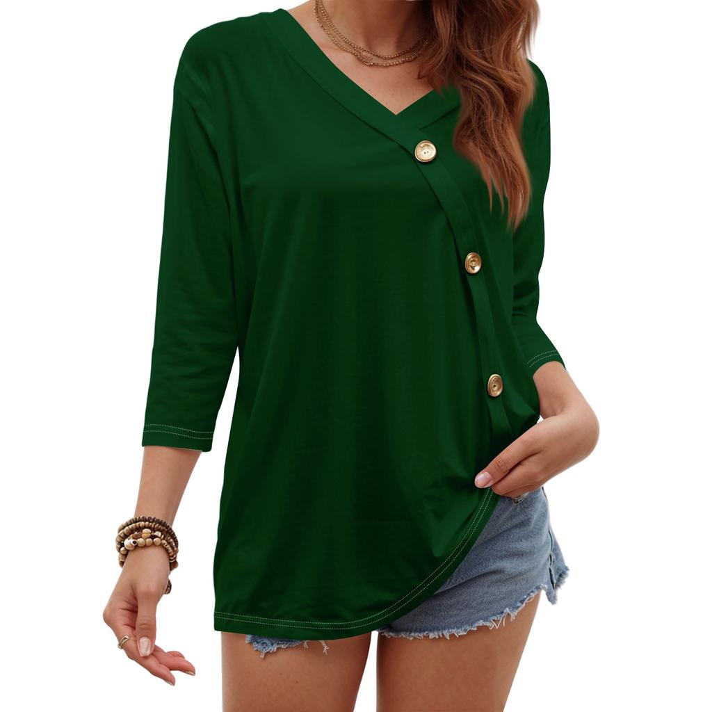 Women's Fashion Casual Three-quarter Sleeve Solid Color Button Round Neck Top