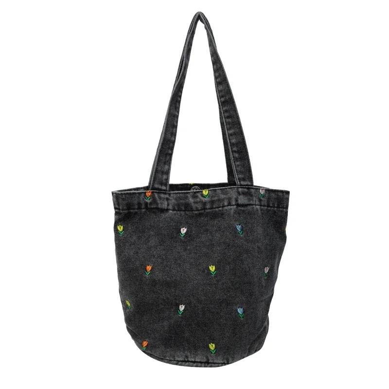 Versatile Denim Embroidered Shoulder Bag for Women  Elegant Bag  Large Capacity Bag