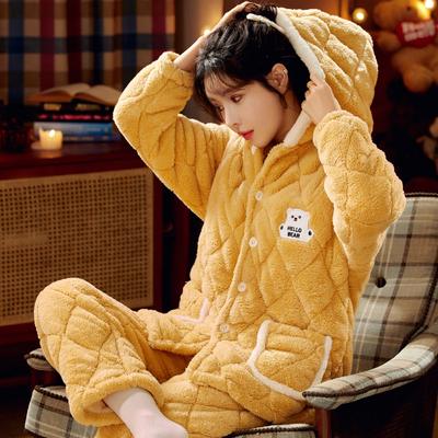 Plus Velvet Winter Women's Warm Home Clothes Sleepwear Ladies Flannel Thick Coral Fleece Cute Cartoon Pajamas Large Size Pijama