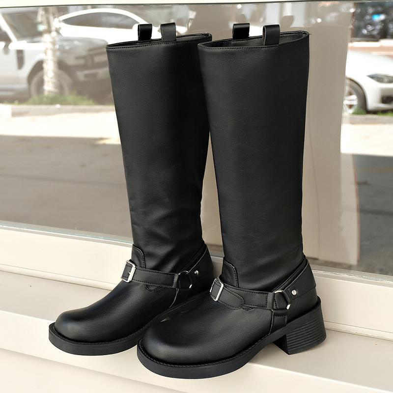 Boots Women's 0000 Autumn New Coarse Heel Large Size Tall Knight Boots Belt Buckle Coarse Heel Western Cowboy Boots