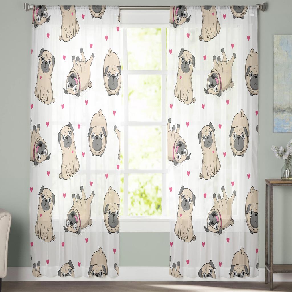 Cartoon Bulldog Love Window Treatment Tulle Modern Sheer Curtains for Kitchen Living Room the Bedroom Curtains Decoration