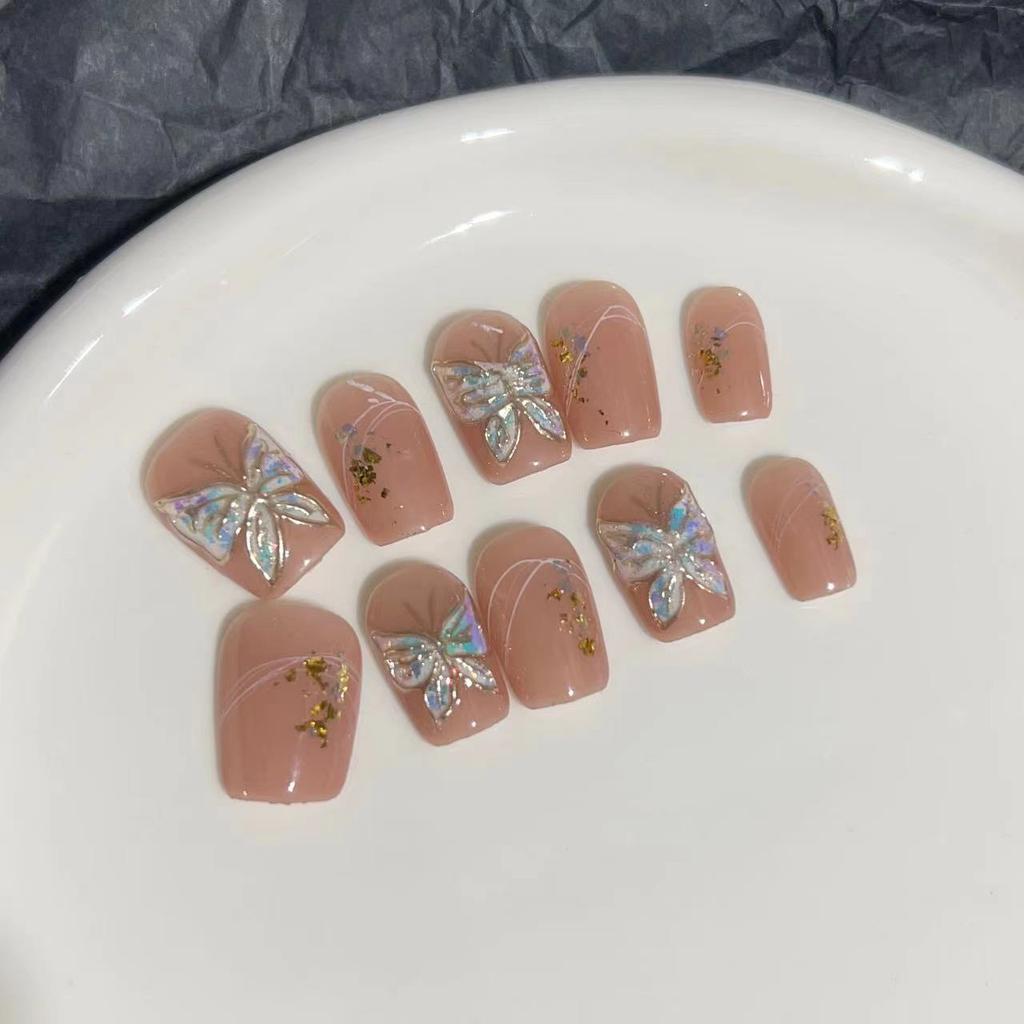 Wearing Armor Pure Handmade Manicure Finished Product Fake Nail Patch New Nude Gold Foil Hand-painted Magic Mirror Butterfly