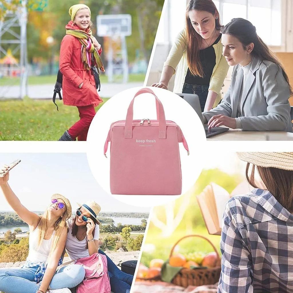 Insulated Lunch Bag Solid Color Oxford Cloth Waterproof Metal Zipper Portable Lunchbox for Commuting Pink