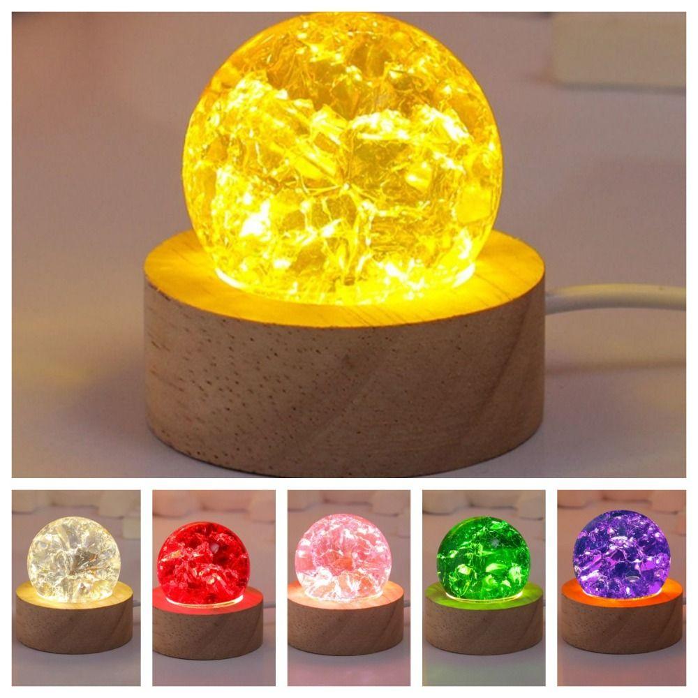LED Wood Stand Luminous Crystal Ornaments Shiny Glaze Beads Glass Sphere Figurine Home Decoration