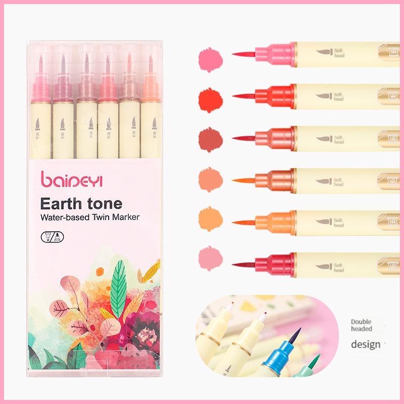 6pcs/set Classic Style Colors Double Tip Marker Pens Line Drawing Watercolor Pen for Calligraphy Student Art Painting School Stationary