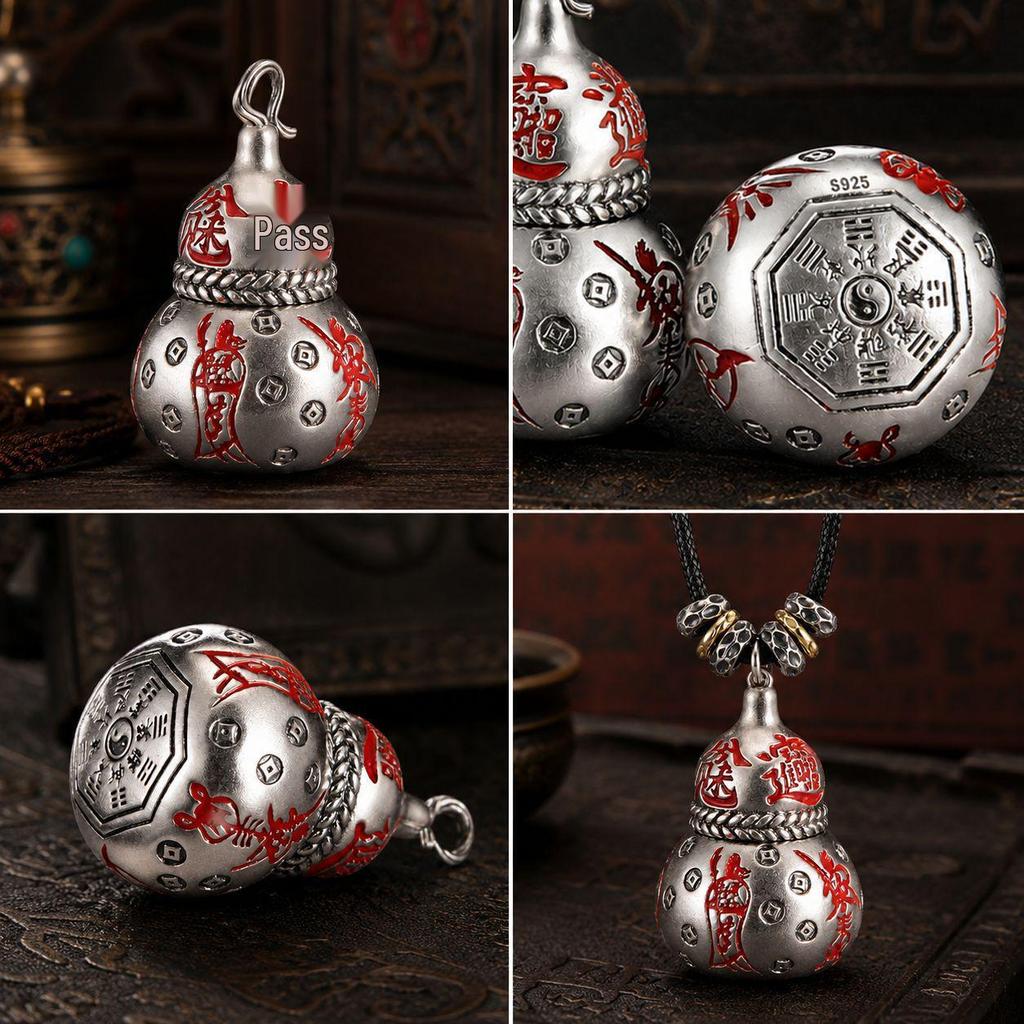 S925 Sterling Silver Taoist Wealth Gourd Pendant with Aged Vermilion Finish for Fortune and Prosperity.