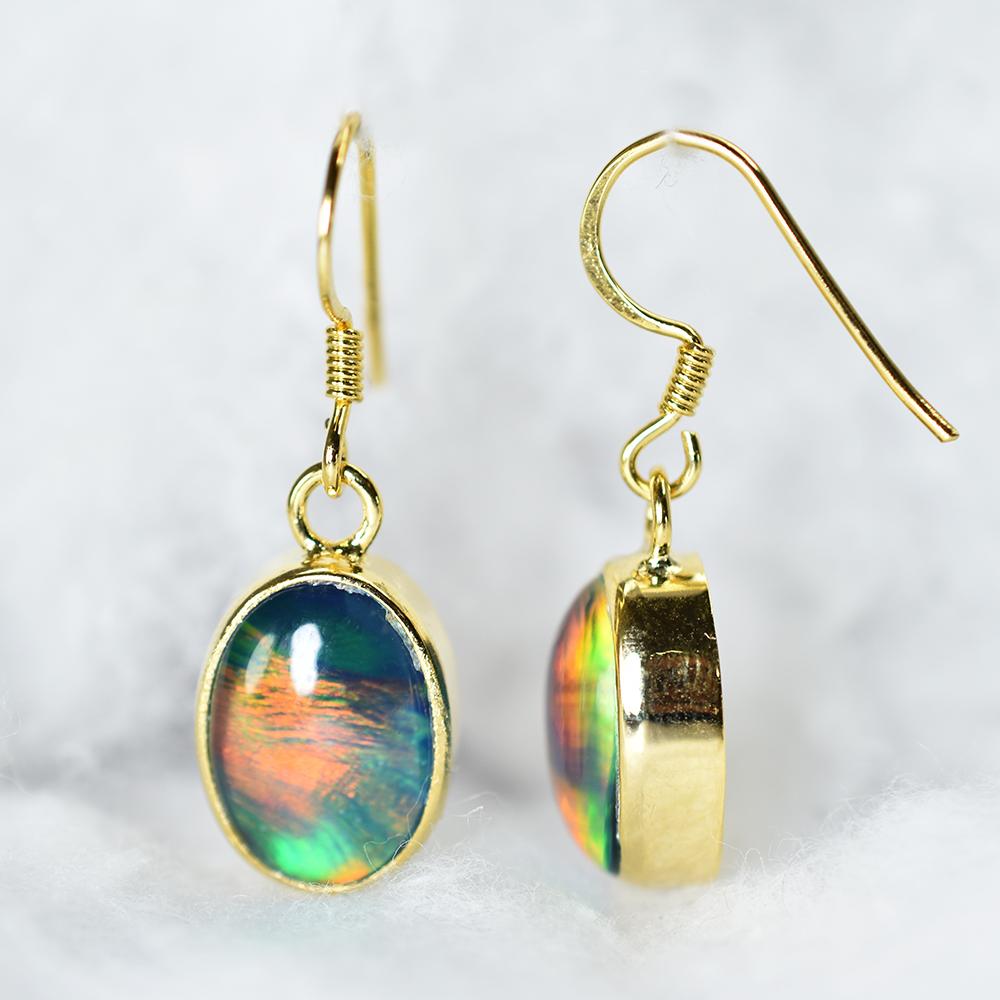 18K Gold Plated 27.75Ct Natural Multicolor Opal CERTIFIED Oval Gem Earring Pair MY. ER-46-NS