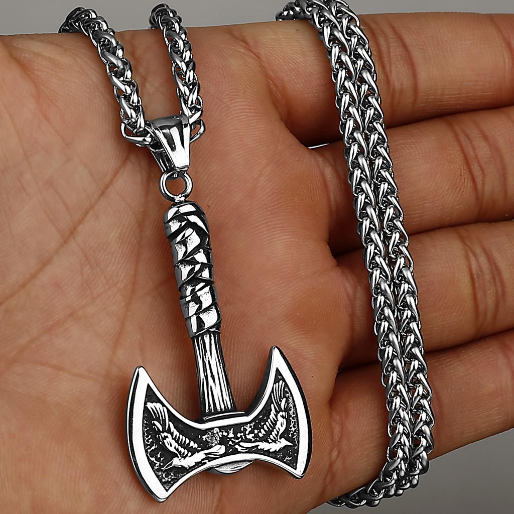 Viking Odin Raven Huginn and Muninn Double Axe Titanium Steel Stainless Steel Necklace Pendant Men's Scandinavian Jewelry Gift