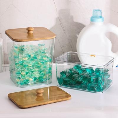 Laundry Beads Storage Box with Bamboo Cover Large Opening Acrylic Container Laundry Powder Beads Moisture Proof Organizer