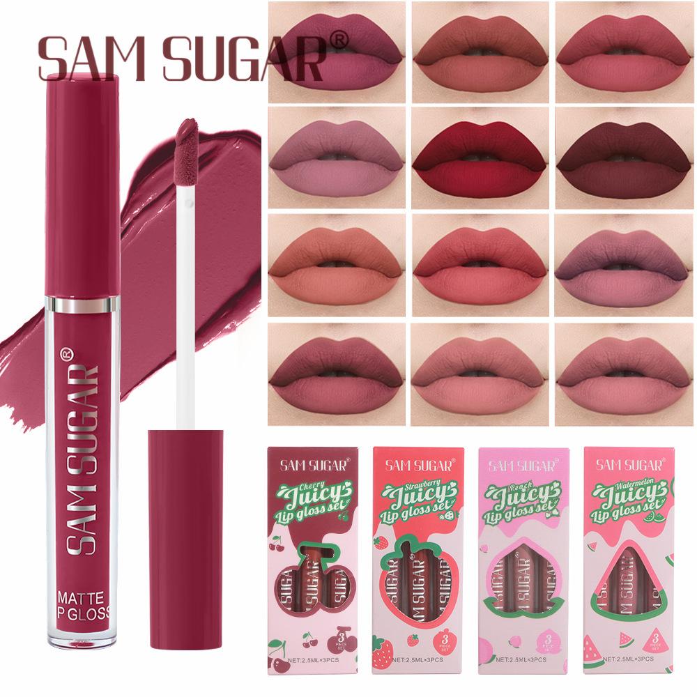 3-color Fruit Lip Gloss Set, Matte Matte Sexy Lip Glaze, Non-stick Cup, Waterproof Non-fading Lipstick Makeup