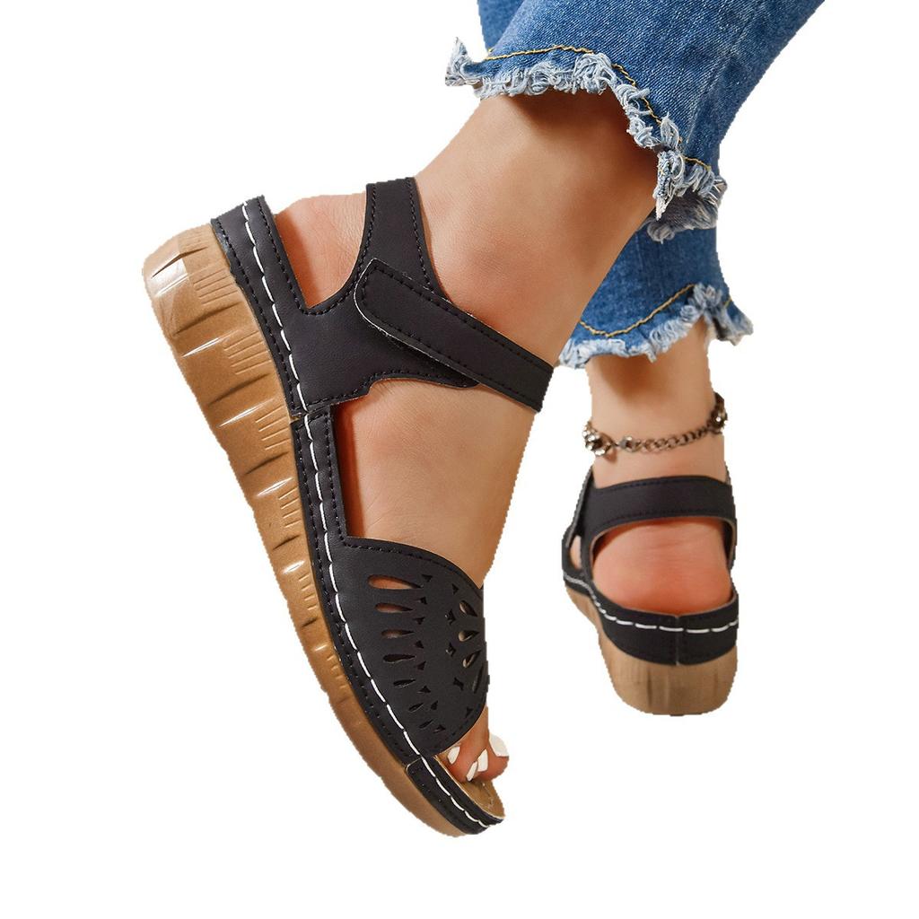 2025 summer independent station new hollow flower thick sole one-word buckle Velcro sandals large size wedge heel women's sandals