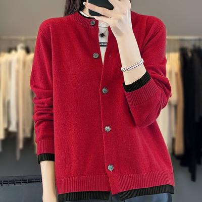Veste cardigan tricotée à col rond de couleurs contrastées pour femme, pull d'automne et d'hiver, blocage des couleurs à l'extérieur, hauts épais à paragraphe court