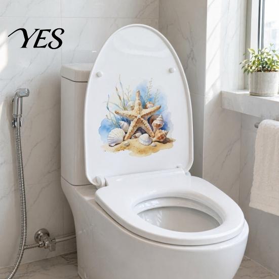 Removable Bathroom Stickers Watercolor Starfish Toilet Seat Sticker, Beach Seashell And Conch Water Tank Waterproof Non-Fading Decals PVC Cover Decal,