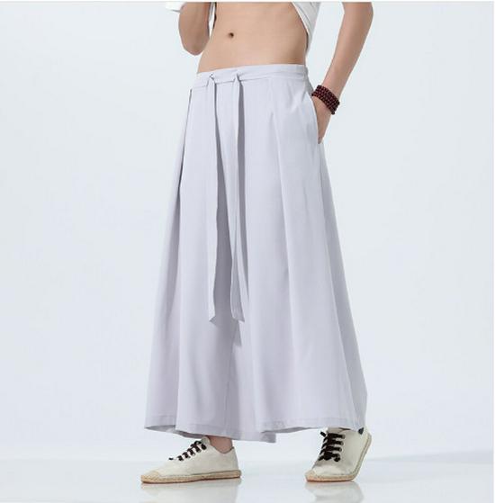 

Летние мужские ретро-брюки в китайском стиле из ледяного шелка с широкими штанинами, повседневные, длинные, с поясом, доступны большие размеры. M