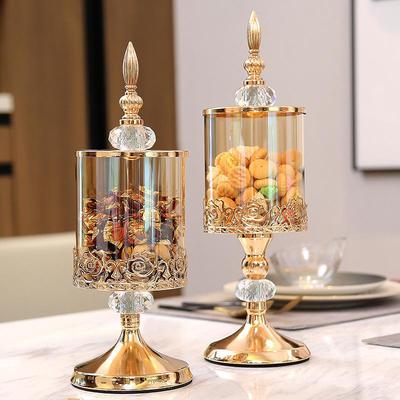 Barattolo Contenitore in Vetro Cristallo con Pizzo Rosa e Coperchio: Elegante Vaso per Caramelle per la Casa, il Salotto o la Decorazione del Tavolino da Caffè.