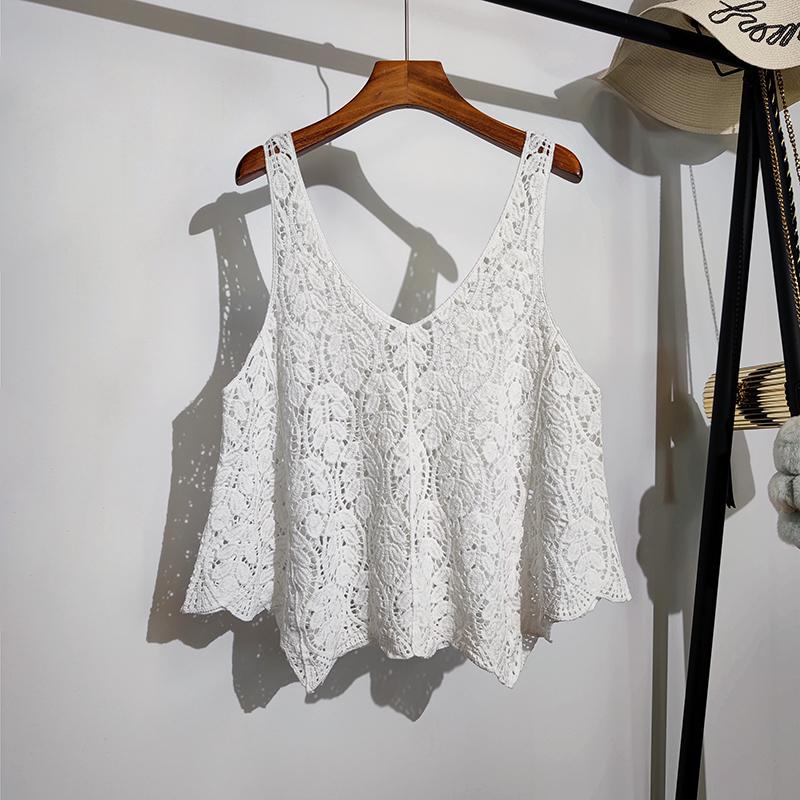 Crochet Lace Tank Top Women Leaf Embroidery Hollow-out Sleeveless Knit Top Cover-up Vacation Bohemian Summer