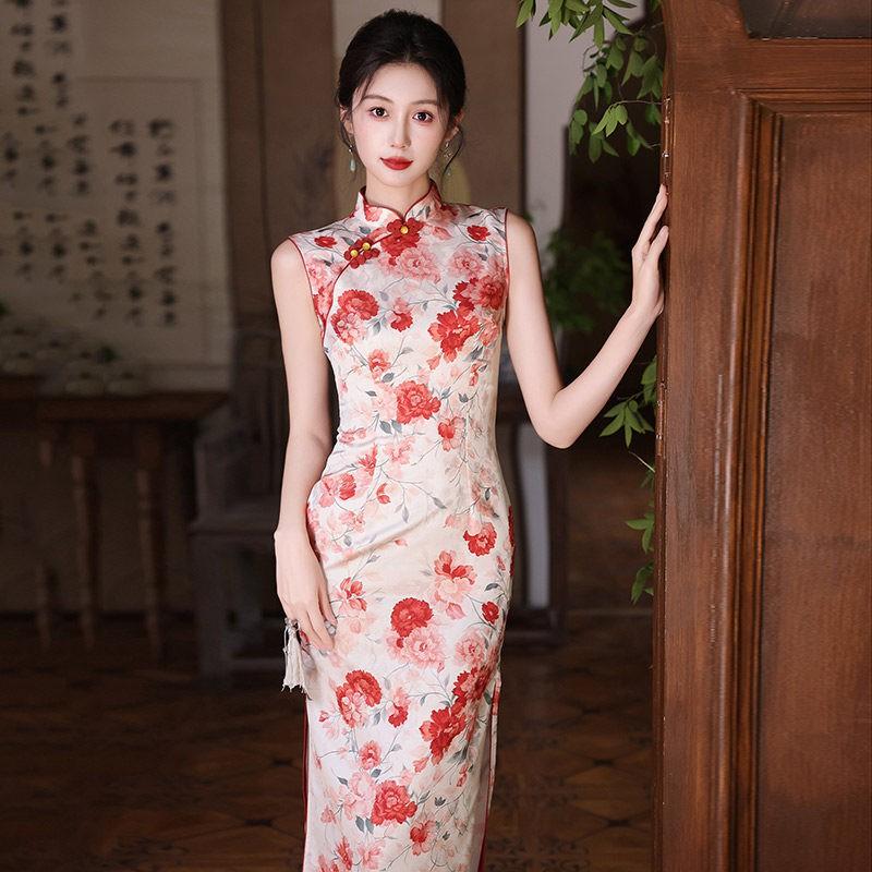 Pink Sleeveless Cheongsam Dress Long Vintage Style Womens Modern Qipao Daily Wear 2026 Small