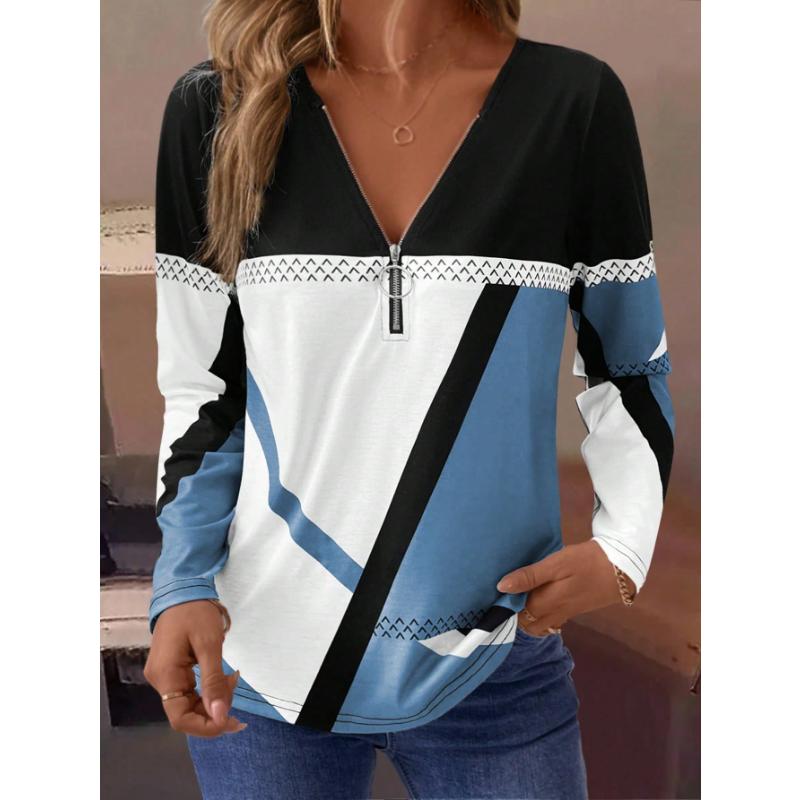 LanaWest Damen Casual Herbst/Winter Langarm-T-Shirt mit halbem Reißverschluss am Ausschnitt, Grafik-T-Shirts mit geometrischem Print, Damenoberteile für den Frühling