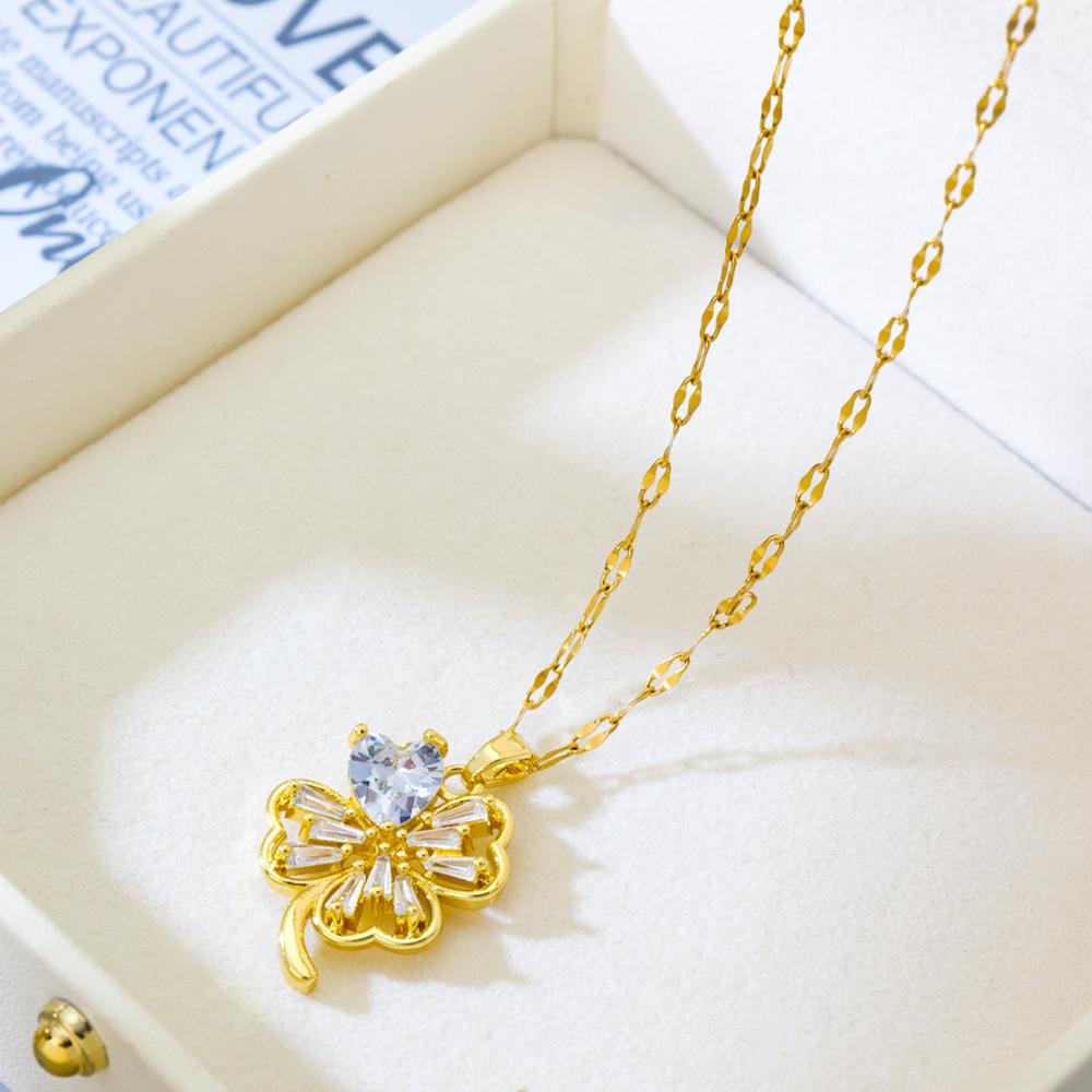 Gold Pendant Necklace and Stud Earrings Set for Women Four Leaf Clover Charm Fashion Jewelry Gift Adjustable Chain