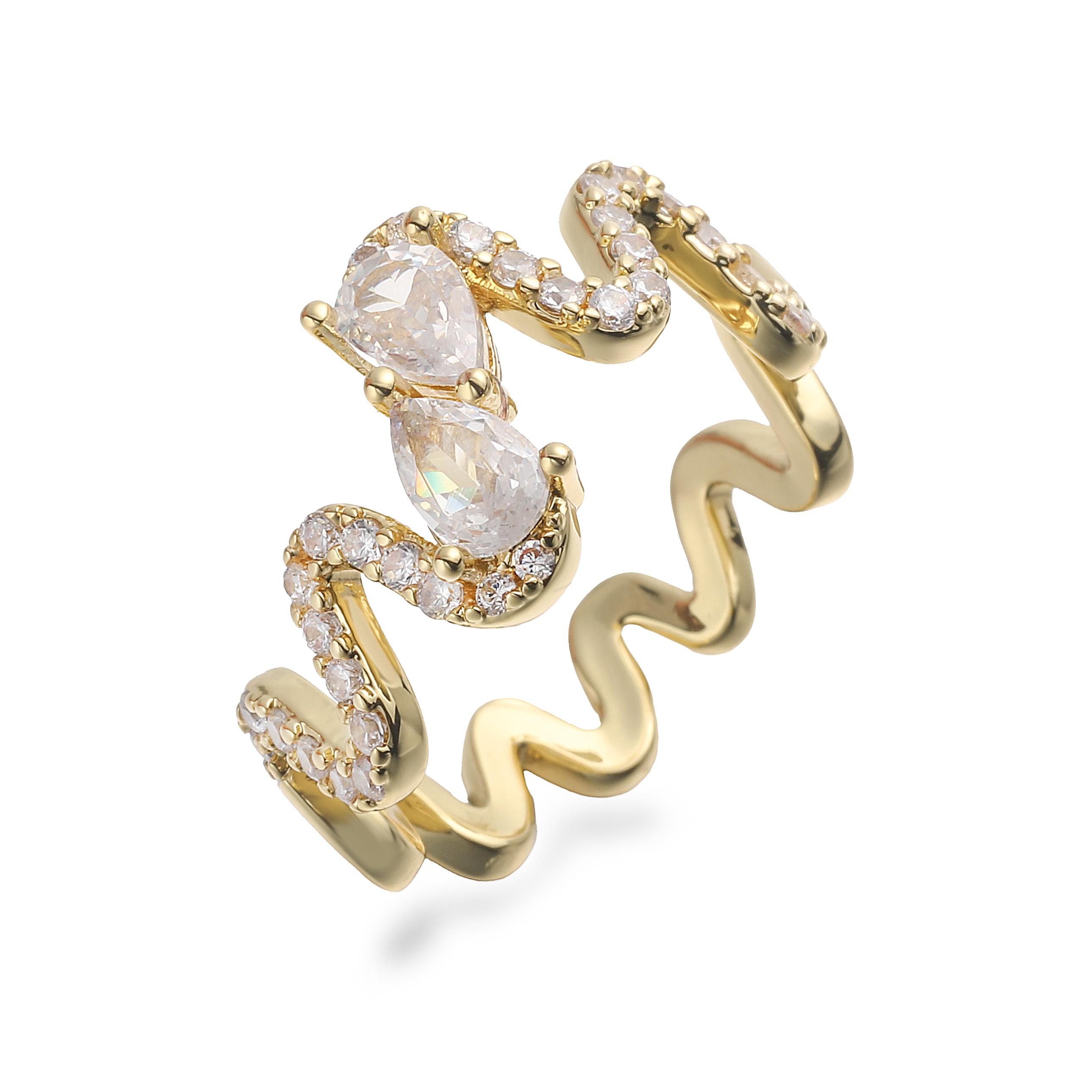 

Brass 18K Gold Plated Wave Band Bracelet & Ring Inlaid with 3A Cubic Zirconia Micro Pave CZ Luxury Banquet Zircon for Women Other