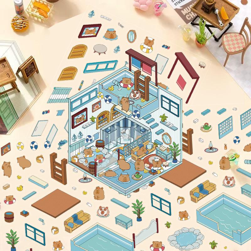 Cartoon Landscape Kapibala Bath Sticker Miniature World 3D Hut Unzip DIY Scene Manual