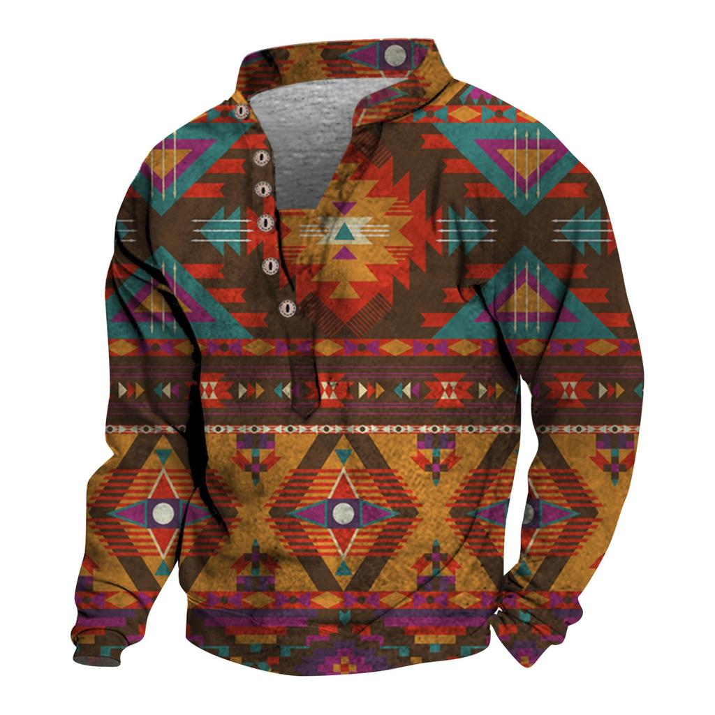 Pullover mit V-Ausschnitt für Herren, 3D-Digitaldruck, Stehkragen, 6 Knöpfe, Vintage-Kragen