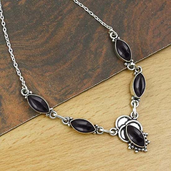 Siyah Oniks Değerli Taş Kolye, El Yapımı Kolye, Boho kolye, Kadına Hediye, Yıldönümü Hediyesi, 925 Gümüş Charm takı