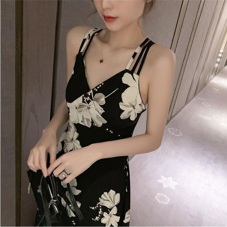 2020 Summer Korean Midi Backless Spaghetti Strap Beach Dress S (for 80-95 kg) чёрный